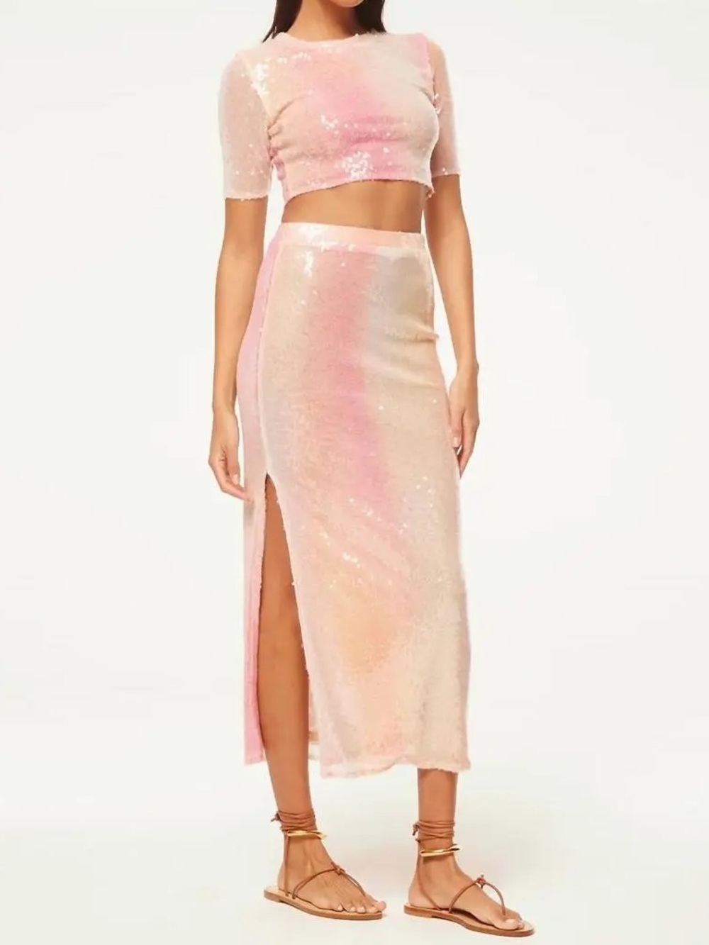 Misa Los Angeles Aisha Midi Skirt and Top Set Size XS/S Pink Ombre Tin Sequin